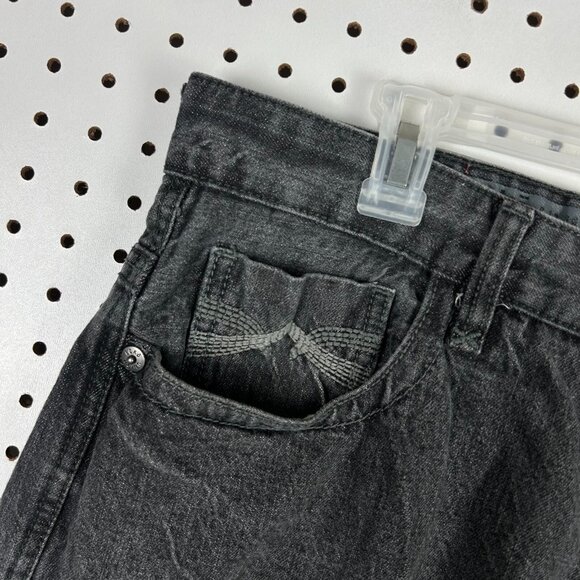 Ecko Unltd Black Gothic Jean Shorts Y2K Size 38 Stitched Gray Wide Leg‎ Skater - Picture 5 of 8